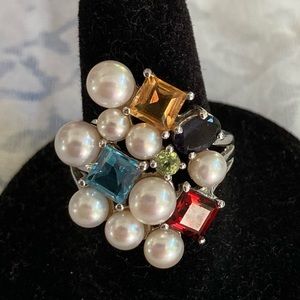 Ross Simons Cluster Pearl and Gemstone ring Sterling, size 8